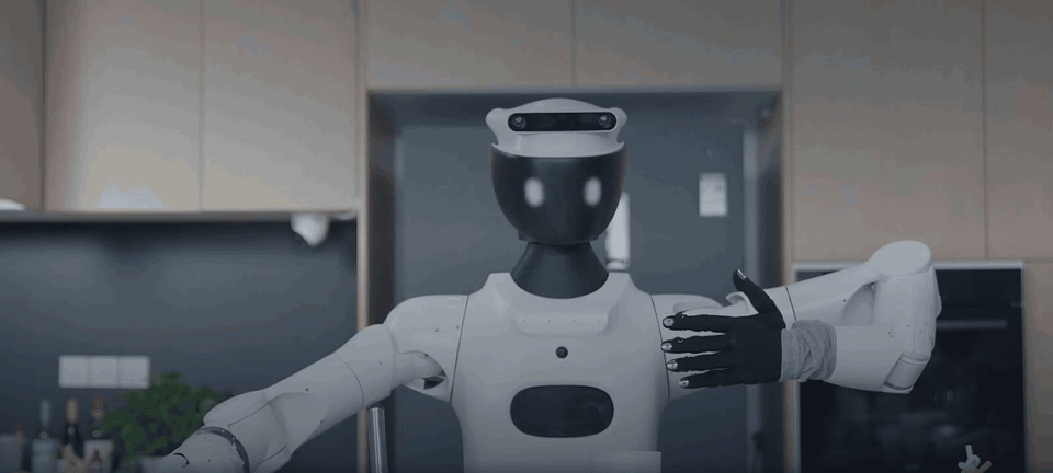 Astrabot robot holding a bottle with one hand and removing its cap with the other