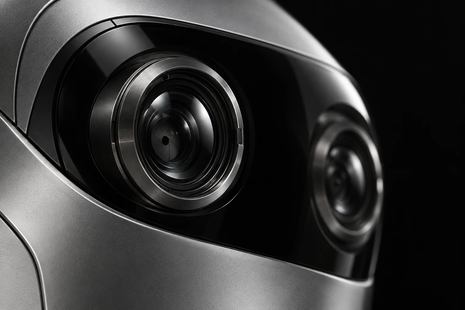 Concept study of precision optical lenses inside a black robot visor framed in satin silver